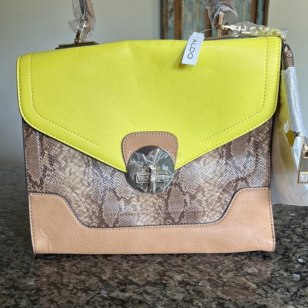 Aldo Yellow and Tan Satchel with Snake Print NWT - Picture 2 of 14
